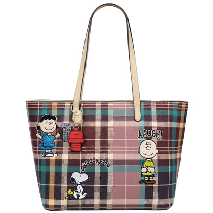 Danielle Nicole x Peanuts Heritage Plaid Character Tote Bag with Snoopy Doghouse Charm